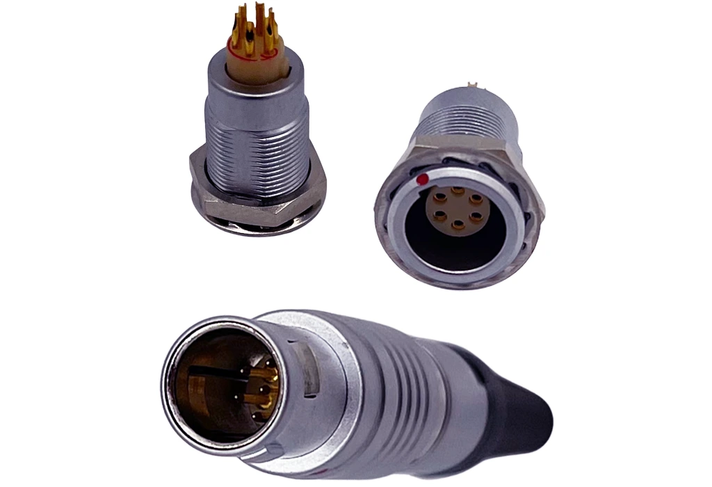 Circular push-pull connectors feature quick connect operation and environmental sealing.