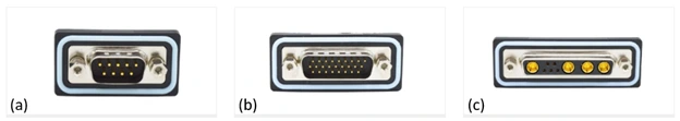 Figure 8: 3 types of D-sub connectors: (a) standard d-sub flange; (b) high-density d-sub flange; (c) Power-D mixed d-sub flange (source: NorComp)