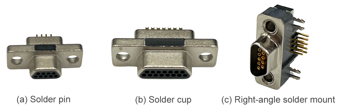 Three types of solder terminations in a Micro-D connector